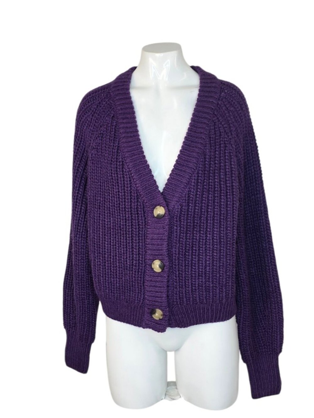 Garage V-Neck Chunky Knit Cardigan, Button Front, Purple, Wool Blend, Size M
